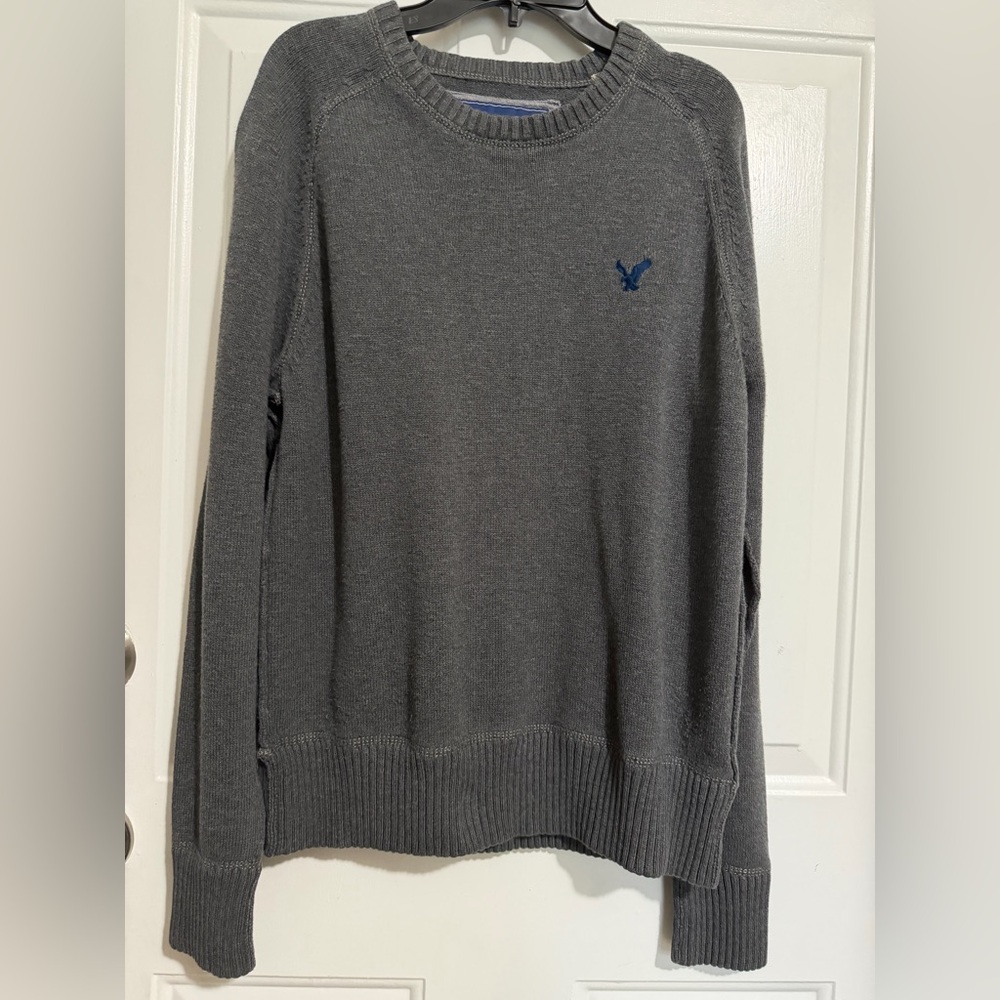 American Eagle Outfitters Gray Crewneck Sweater with Blue Logo